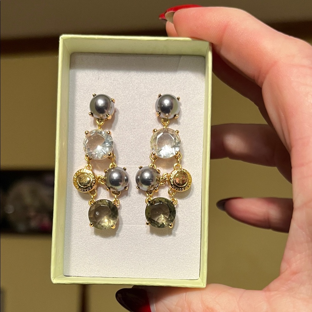 NWOT Coach Elegant Gold and Silver Drop Earrings with smoke and clear stones